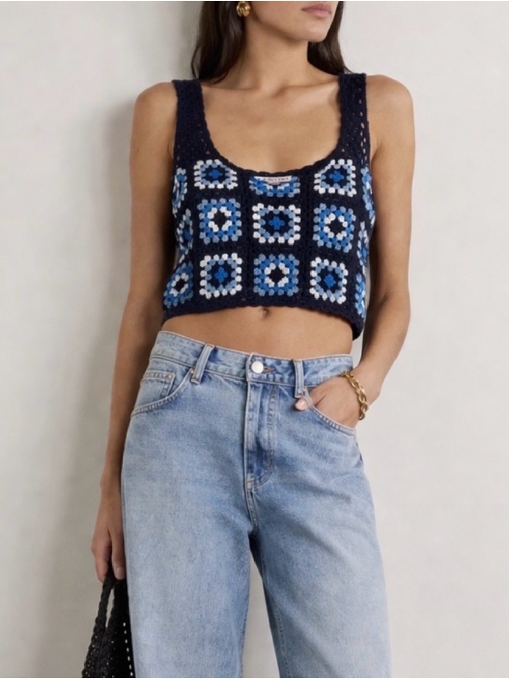 Sincerly Jules Navy Crochet Crop Top with Blue and White Squares